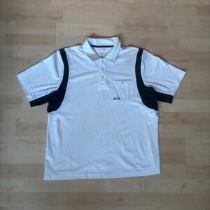 Oakley Mens White Black Golf Polo Shirt Short Sleeve Pocket Logo Performance